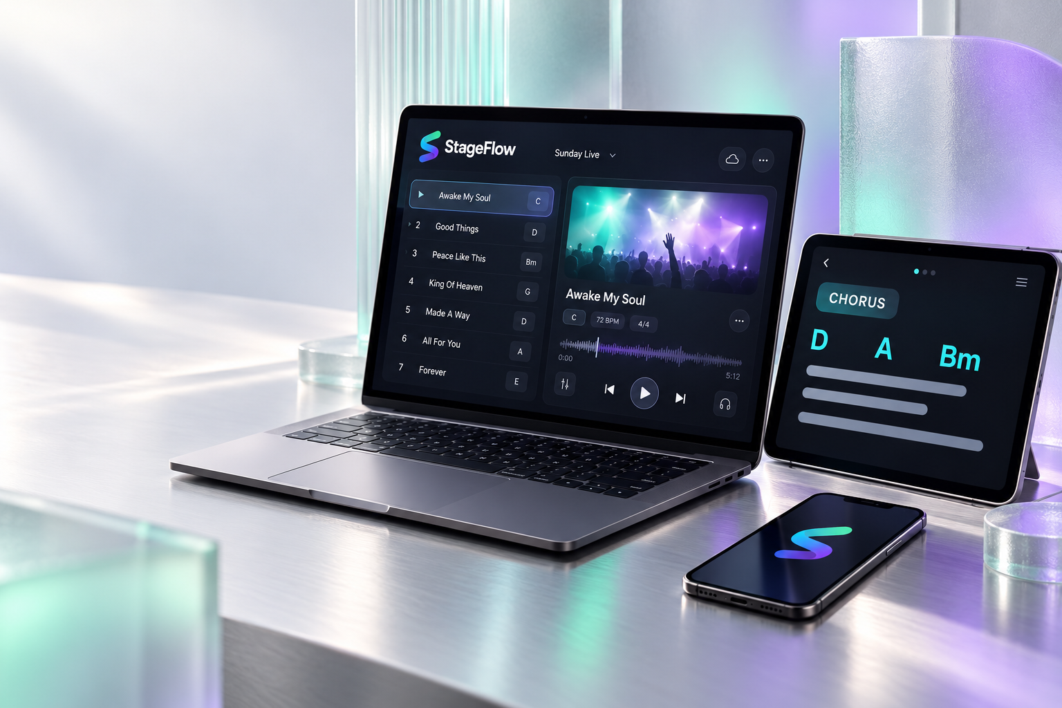 StageFlow concept shown on a laptop, tablet and phone